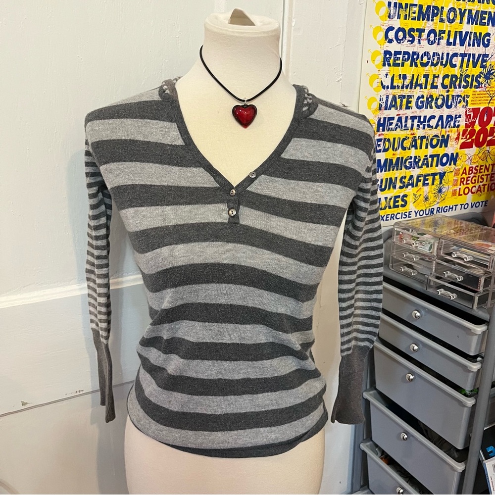 dark gray striped button v neck henley hooded long sleeve